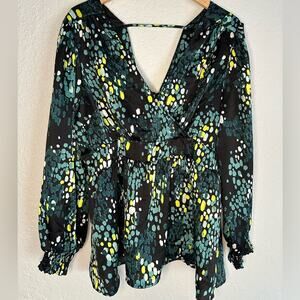 Torrid Green Silky Wrap Top Long Sleeve Watercolor Bow Celestial Artsy Size 1X